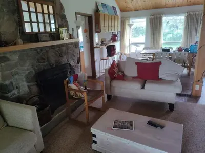 a living room with a couch and a fireplace at Cottage on the Pond in Millbrook