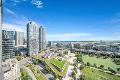 an aerial view of a city with tall buildings at RentX 3Bedroom Penthouses near Rogers Centre & MTCC in Toronto