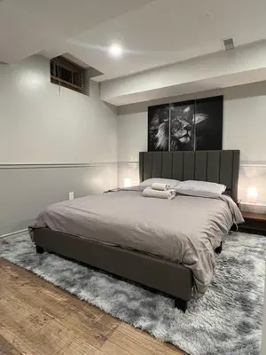 a bedroom with a large bed and a rug at Modern, basement apartment, close to airport in Toronto