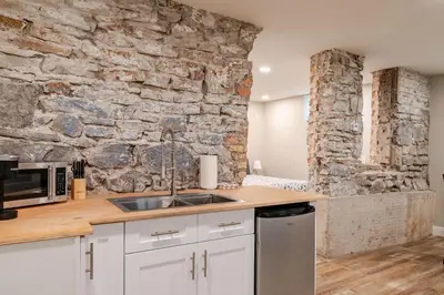 a kitchen with a sink and a stone wall at ENTIRE 1 BEDROOM APARTMENT ACROSS FROM GOOGLE - br1 in Kitchener