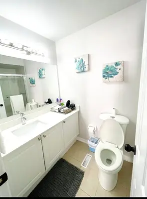 a bathroom with a sink and a toilet and a mirror at Beautiful 3 bedroom Entire detached home in Whitby