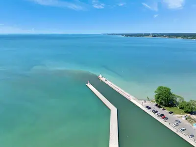 an aerial view of a bridge over the water at Luxe Lodges Lake Erie in Port Dover