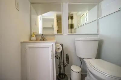a bathroom with a white toilet and a mirror at Charming Basement Suite with Private Entrance Near Subway, Koreatown & UofT in Toronto