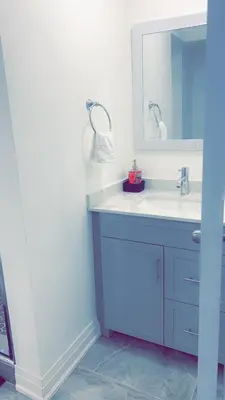 a bathroom with a sink and a mirror at Garden Avenue Homes Free Parking in Brantford