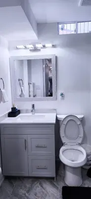 a bathroom with a toilet and a sink and a mirror at Garden Avenue Homes Free Parking in Brantford