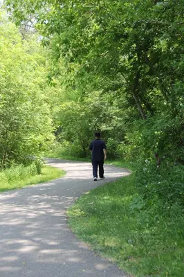 a man walking down a road in the woods at Serene Don River Nature gateway- 2BR suite, Private Patio, Free Parking in Toronto