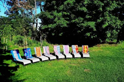 a row of colorful chairs sitting in the grass at Gate House Comfort plus own lake access, dock, 4 mins to beach in West Lake