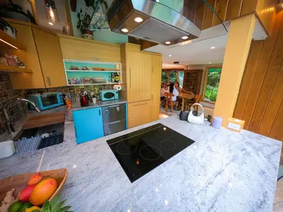 a kitchen with a counter top with a stove top at Riverside Retreat with Sauna & Hot Tub in Elora in Elora