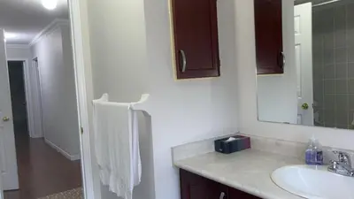 a bathroom with a sink and a mirror at Near Toronto Pearson Airport Queen Room in Brampton
