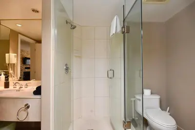 a bathroom with a shower and a toilet and a sink at Jacuzzi Suite with King bed, full kitchen in Shanty Bay
