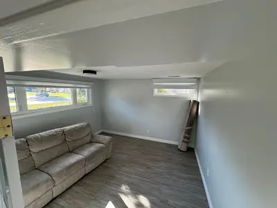 a living room with a couch and two windows at 1 bedroom cozy apartment in Kitchener