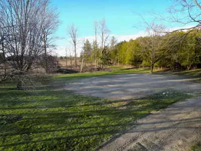 a dirt road with grass and trees on the side at Forest Hideaway in Hespeler