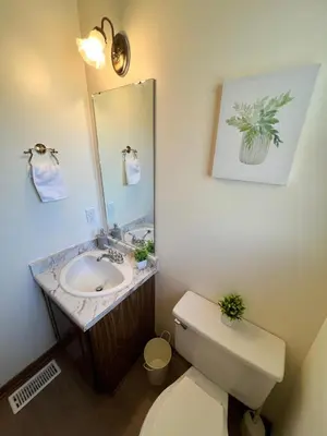 a bathroom with a sink and a toilet and a mirror at Entire Cozy House in Thorold in Thorold