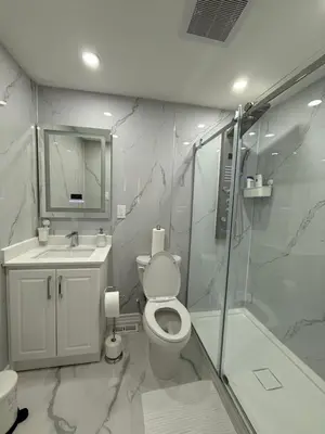 a bathroom with a toilet and a shower and a sink at Niagra Luxury Home in Thorold