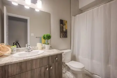 a bathroom with a sink and a toilet and a mirror at BRAND-NEW LUXURY SUITE in DOON SOUTH, min to 401 in Kitchener