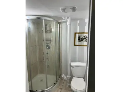 a bathroom with a shower and a toilet at Home by Dolly in Toronto
