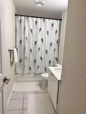 a bathroom with a shower curtain and a toilet at Quiet Room In A Guest House in Mississauga