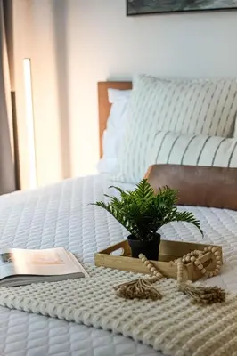 a table with a book and a plant on a bed at The Hideaway Hub in Toronto