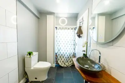 a bathroom with a sink and a toilet and a mirror at River Runs Through It in Belleville