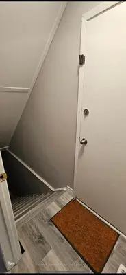an attic room with a door and a rug at Affordable Basment Apartment - London in London