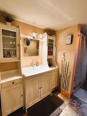 a bathroom with a sink and a mirror at The Cozy Corner in Elora