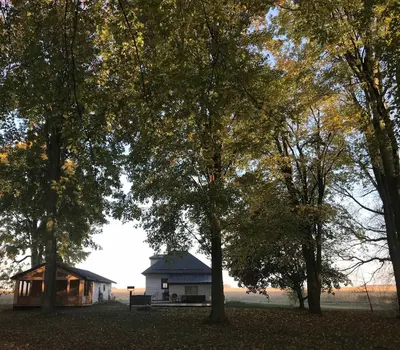 a house in the middle of a field with trees at Carson's Creek in Hillier