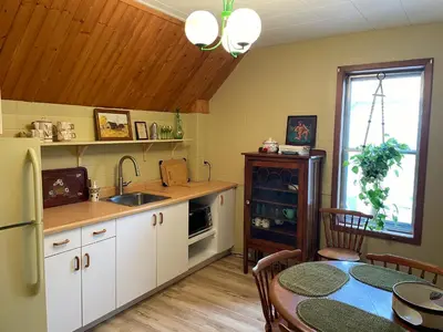 a kitchen with a table and a sink and a refrigerator at Big apartment by the Farmers market in Kitchener