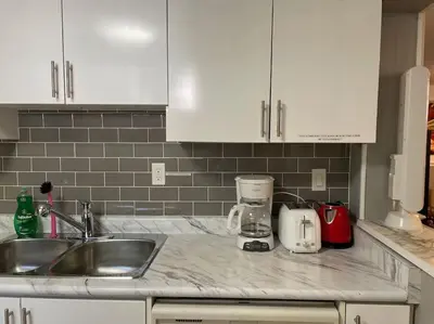a kitchen counter with a sink and a blender at 2 bedroom rental apartment , 1 sofa bed, 2 car parking in Mississauga