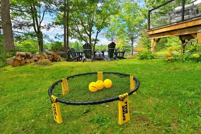 a bird net with fruit on it in a yard at Muskoka Retreat, Fire Pit, Games, Waterfront in Gravenhurst