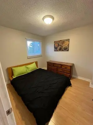 a bedroom with a black bed and a dresser at Home away from home in Brampton
