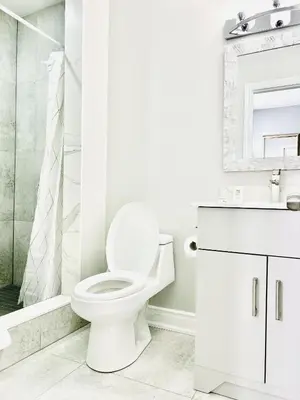 a white bathroom with a toilet and a shower at Brant Inn in Brantford