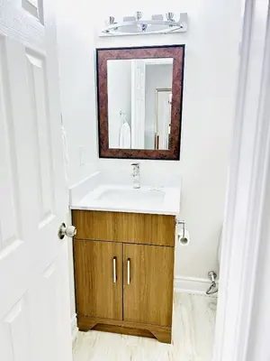 a bathroom with a sink and a mirror at Brant Inn in Brantford