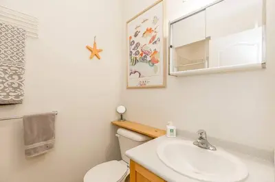 a bathroom with a toilet and a sink and a mirror at Cozy cottage on a private beach -Georgian Bay in Tiny