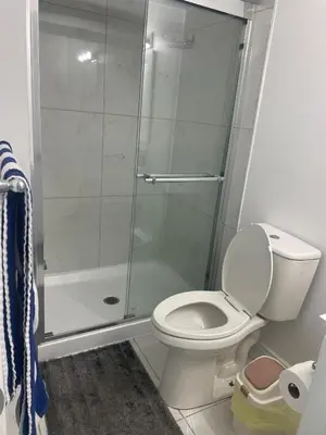 a bathroom with a toilet and a shower at 2 Bedroom Guest Apartment with Separate Entrance in Brampton