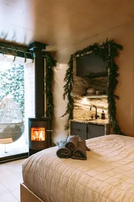 a bedroom with a bed with a fireplace and a stove at Aux Box Muskoka Modern Muskoka Bunkie in Huntsville