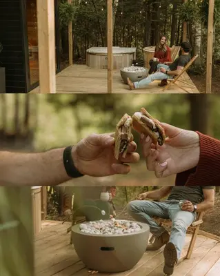 two pictures of a man eating a bowl of food at Aux Box Muskoka Modern Muskoka Bunkie in Huntsville