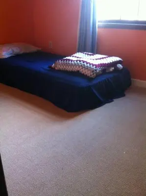 a blue bed in a room with a window at Lovely home in Leslieville in Toronto