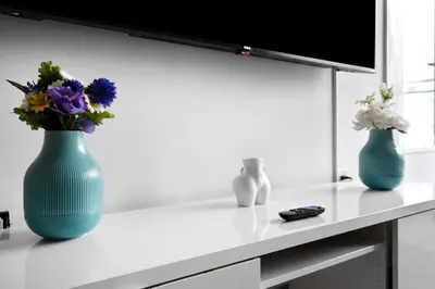 two blue vases sitting on a table with flowers at Upscale 1 Bed & Den Downtown Toronto in Toronto