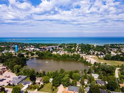 an aerial view of a town with a lake at GLOBALSTAY New Basement 4 Bd in Port Elgin in Port Elgin