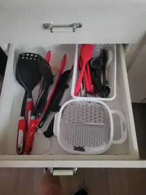 a drawer filled with utensils in a kitchen at ARCA Cozy Cabin-Innisfil Beach in Innisfil