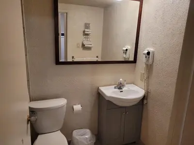 a bathroom with a toilet and a sink and a mirror at Sand Castle Suites Motel in Port Elgin