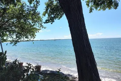 a view of a beach with a boat in the water at Sakura Cottage - Serenity on PEC Waterfront in Wellington