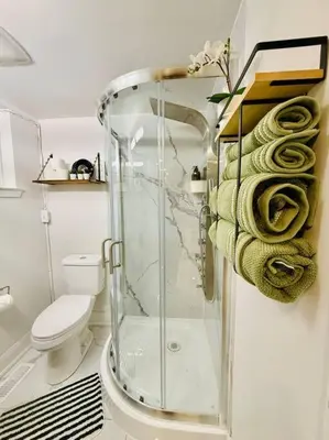 a bathroom with a glass shower and a toilet at Cozy private backyard garden studio in Pickering