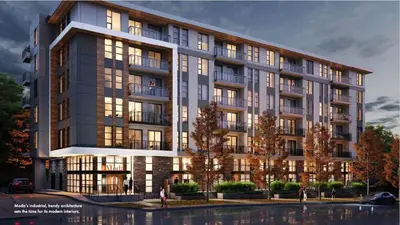 a rendering of a apartment building with a pond in front at 1 Bedroom condo with balcony Erb St Waterloo in Waterloo
