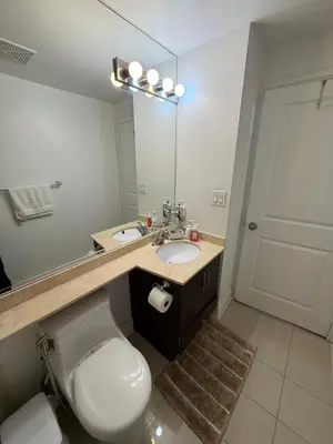 a bathroom with a toilet and a sink and a mirror at 2 Bedroom 1 Bathroom renovated fully furnished apartment in Mississauga
