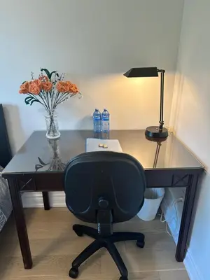 a desk with a chair and a vase of flowers at Super Cosy Peaceful room with Garden view free Parking in Toronto