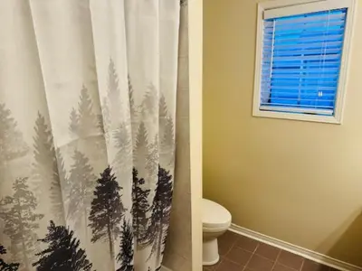 a bathroom with a toilet and a shower curtain with trees at Sunnys Home Stays TorontoMississauga Pvt Entrance 2B'Rm Bath Living & Kitchen in Mississauga
