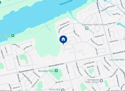 a map with a blue marker on it at 56 Hiawatha in Woodstock