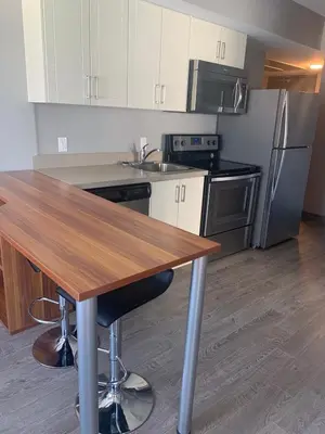 a kitchen with a wooden table and a refrigerator at Sandy&Kevin#home in Waterloo
