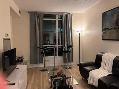 a living room with a couch and a television at A lovely one bed room with Sunset Views in Toronto
